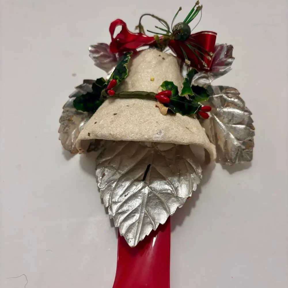 Vintage Paper Mache Christmas Jingle Bell Door Hanger, 21” MCM Celluloid Ribbon